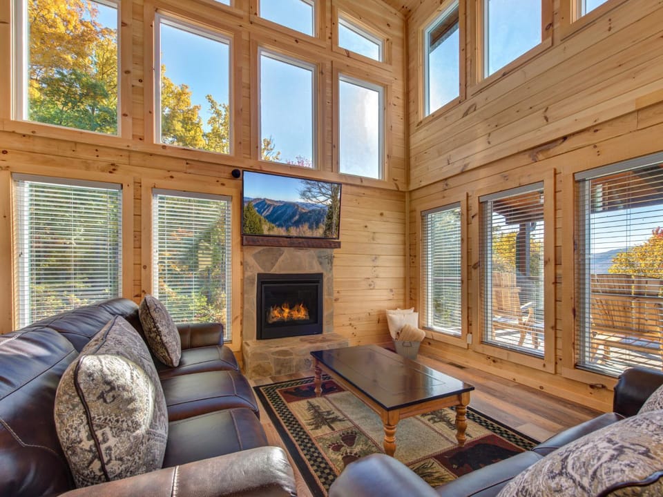 Living room, Seating area, Autumn, Mountain view, fireplace, furniture