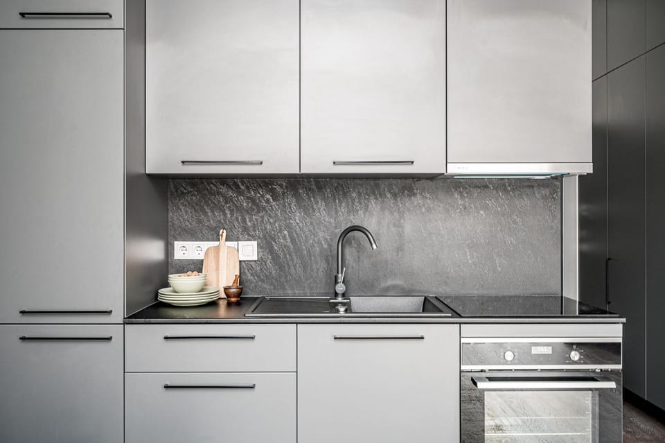 Kitchen or kitchenette, stove