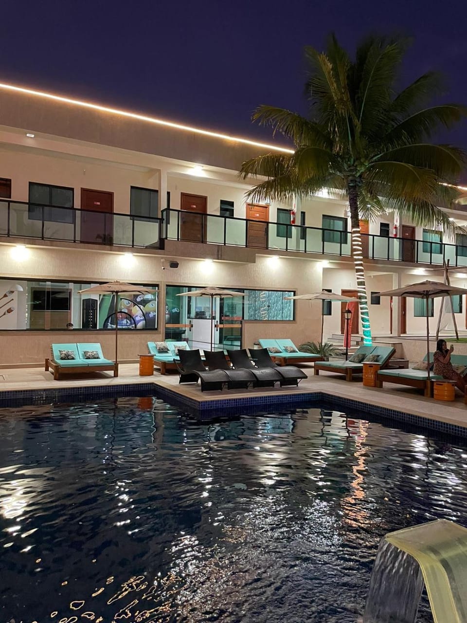 Property building, Night, Pool view, Swimming pool, sunbed