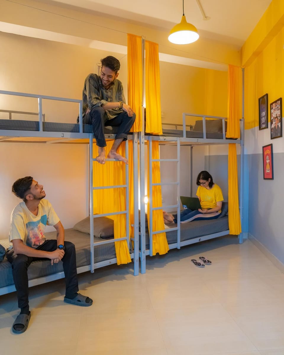 People, group of guests, bunk bed