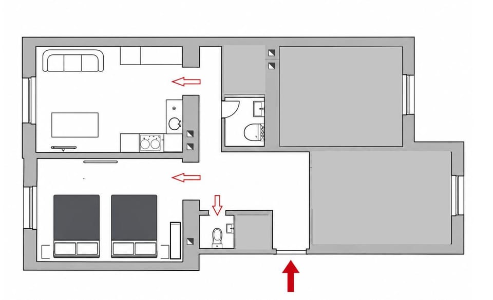 Toilet, Bed, Bathroom, Kitchen or kitchenette, Floor plan, Bedroom, Food, Food, Location, kitchen, kitchen