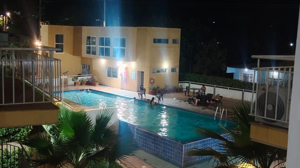 Night, Pool view, Swimming pool, sunbed