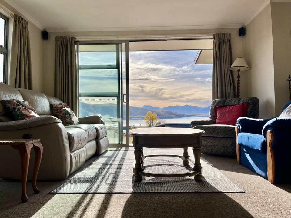 Patio, Living room, Seating area, Lake view, Mountain view