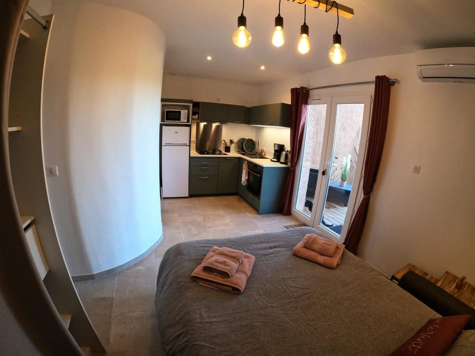 Bed, Kitchen or kitchenette, Seating area