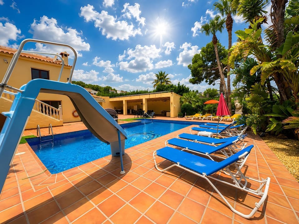 Property building, Living room, Swimming pool