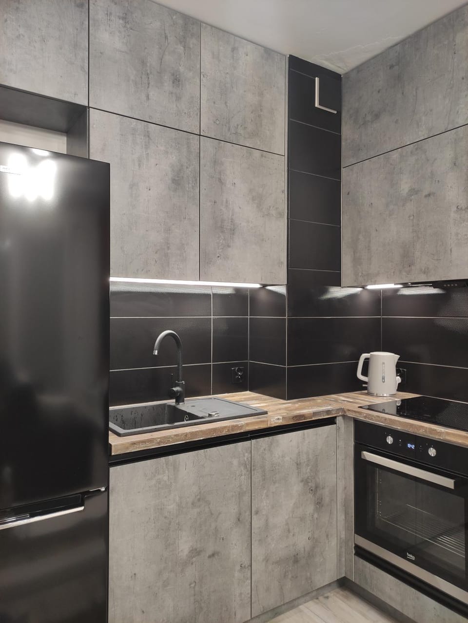 Kitchen or kitchenette, stove