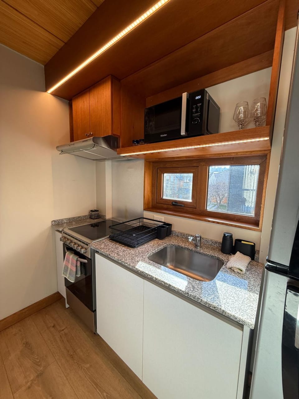 Kitchen or kitchenette, microwave