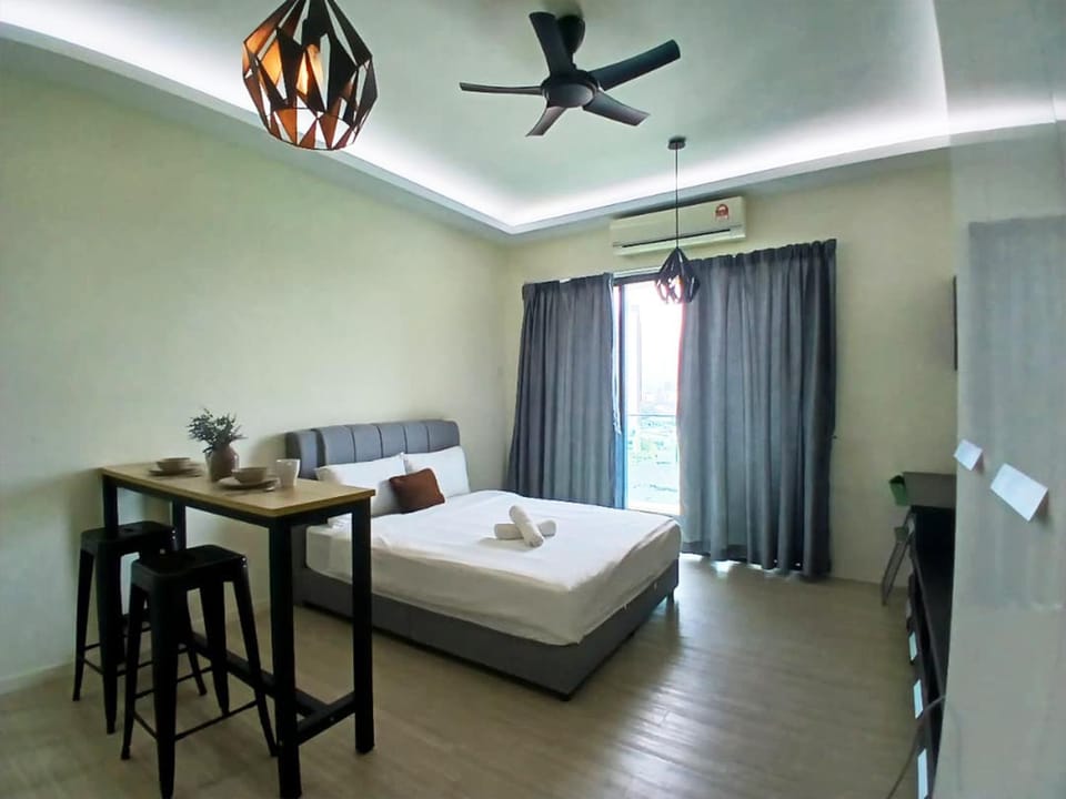 Bed, Dining area, hair dryier, wardrobe, air conditioner