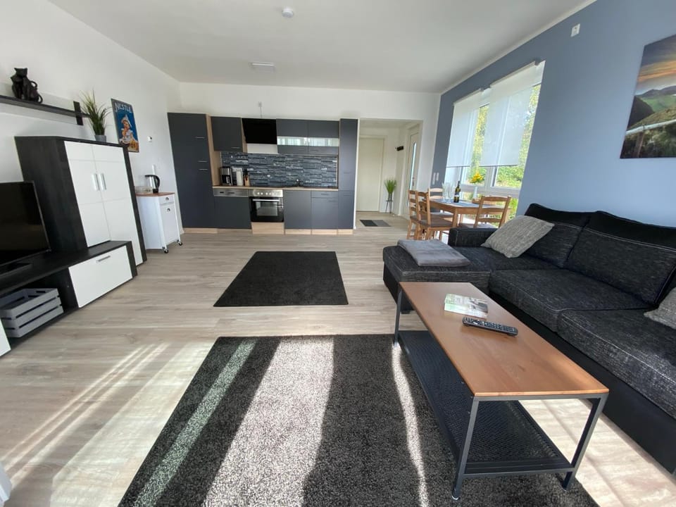 Kitchen or kitchenette, Living room, Seating area, Dining area