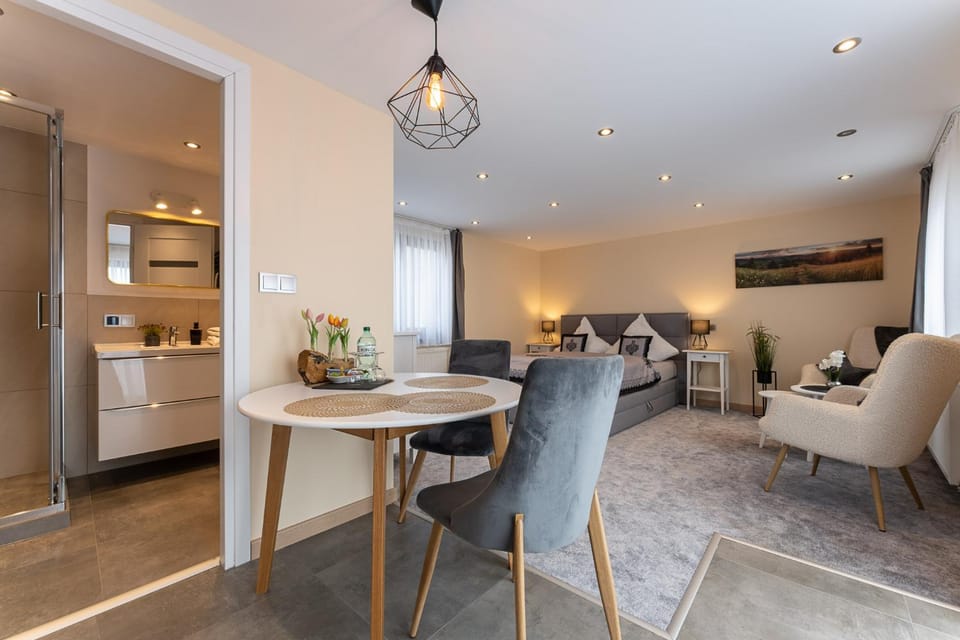 Bed, Bathroom, Seating area, Dining area