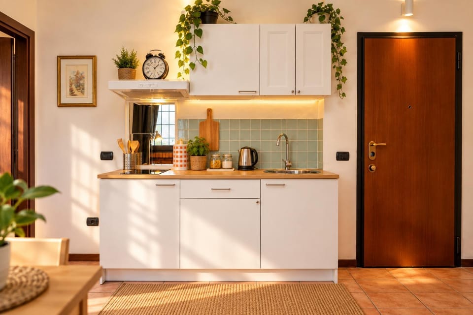 Kitchen or kitchenette, stove