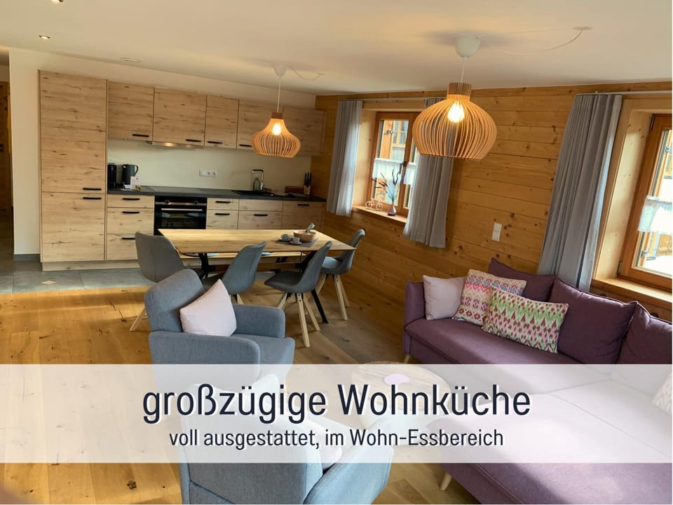 Kitchen or kitchenette, Living room, Seating area, Dining area