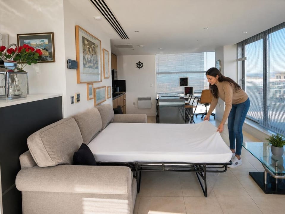 Bed, People, Living room, Seating area