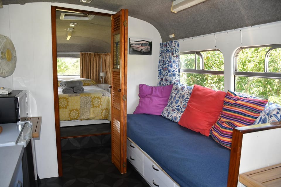 Evi the school bus at Oromahoe Downs Farm Farm Stay in Northland