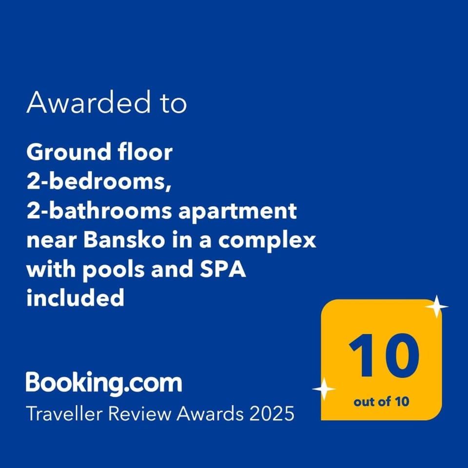 Ground floor 2-bedrooms, 2-bathrooms apartment near Bansko in a complex with pools and SPA included, please note there is construction noise nearby Apartment in Blagoevgrad Province