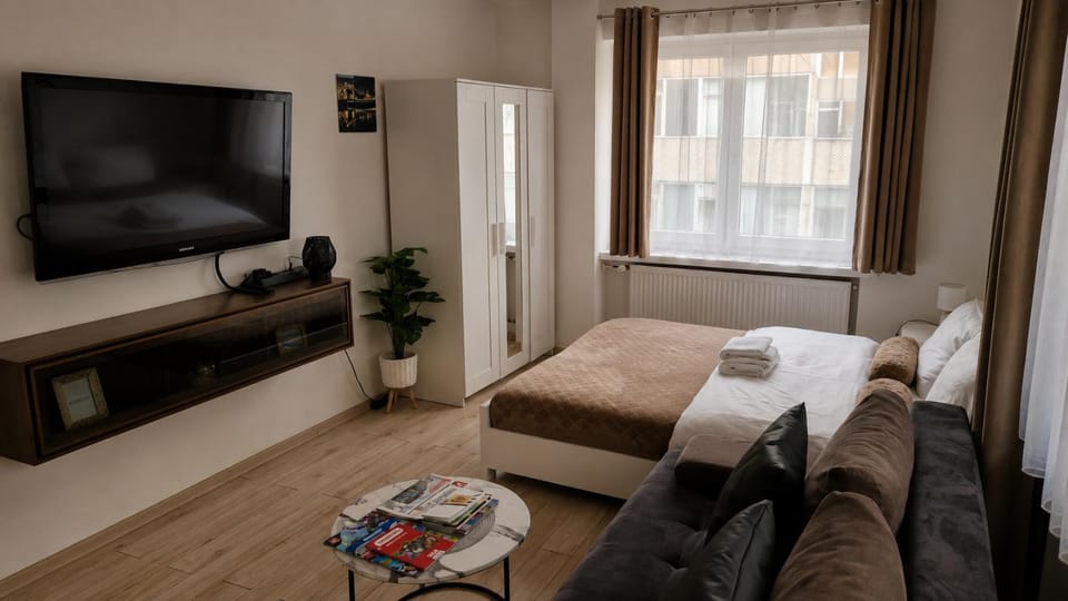 Bed, wardrobe