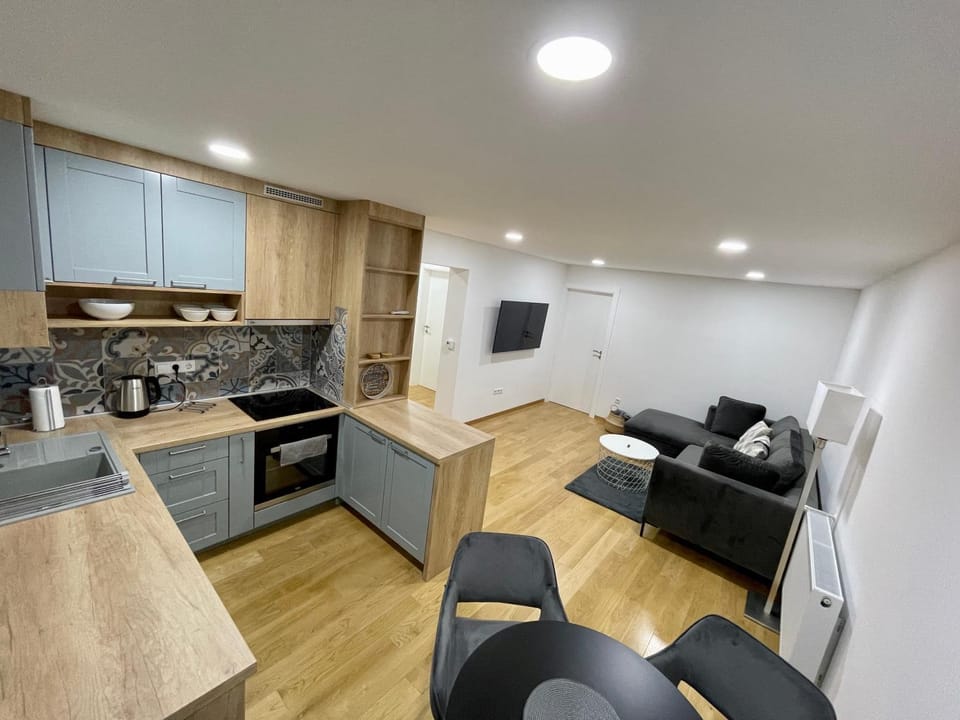 Kitchen or kitchenette, Living room, Seating area, Dining area