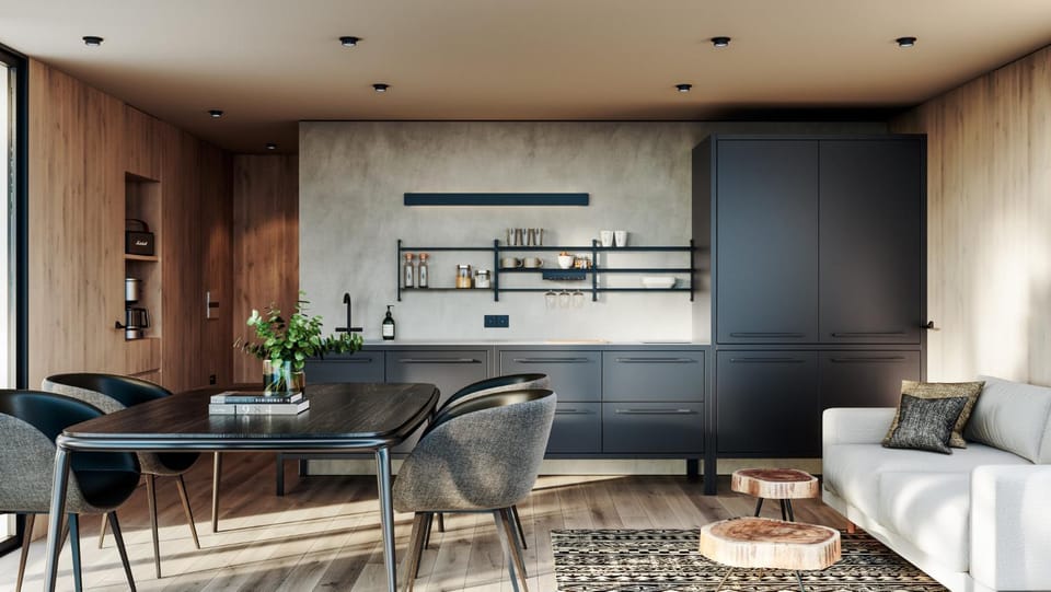 Kitchen or kitchenette, Living room, Seating area