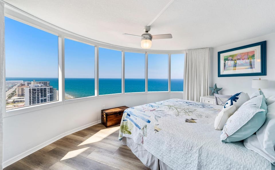 Bed, Natural landscape, Bedroom, Sea view
