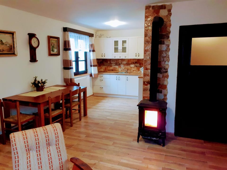 Kitchen or kitchenette, Seating area, Dining area, fireplace