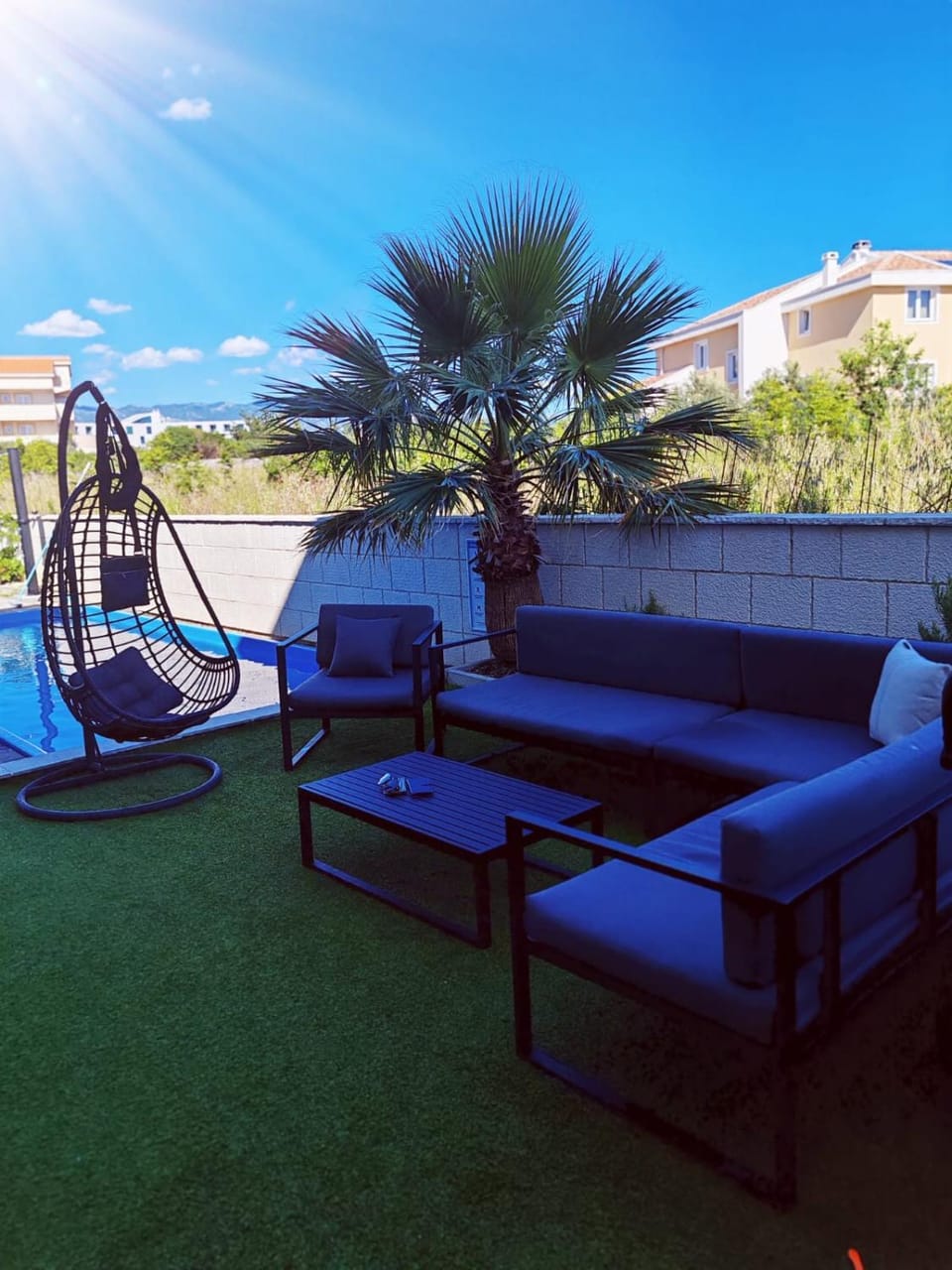 Patio, Day, Natural landscape, Garden, Seating area, Garden view, Pool view, Swimming pool