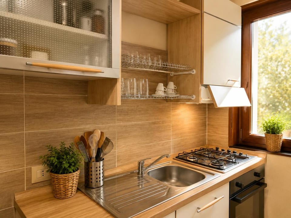 Kitchen or kitchenette, stove, kitchen