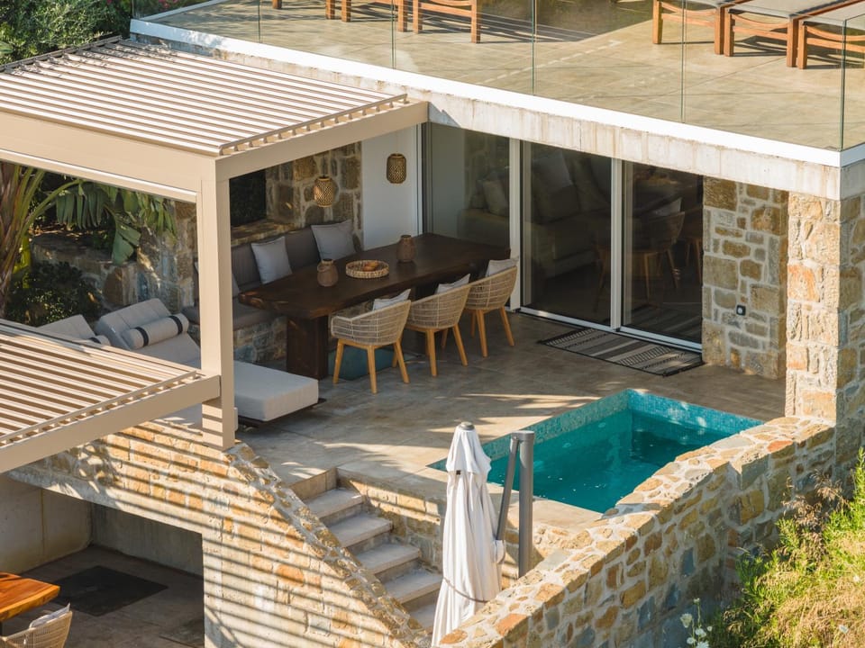 Property building, Patio, Day, Natural landscape, View (from property/room), Balcony/Terrace, Seating area, Dining area, Pool view, Swimming pool, sunbed
