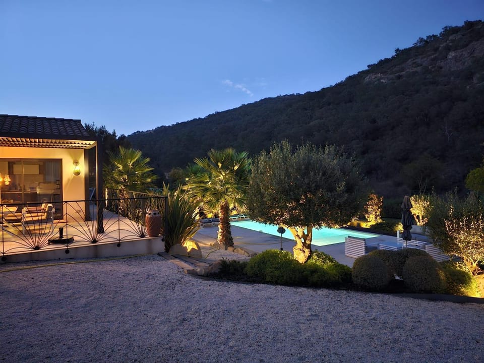 Property building, Patio, Natural landscape, Garden view, Pool view, Swimming pool