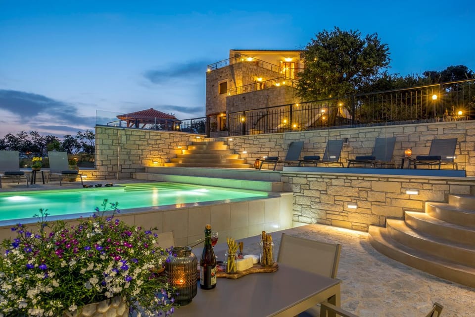 Property building, Patio, Night, Natural landscape, Pool view, Swimming pool, sunbed