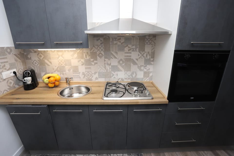 Kitchen or kitchenette, stove