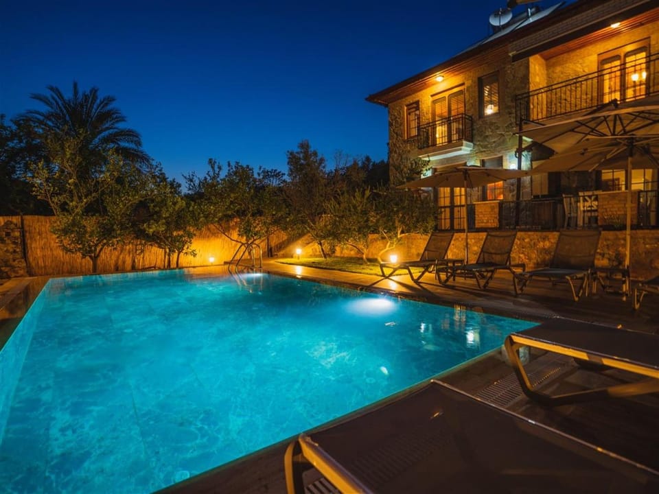 Property building, Night, Swimming pool, Swimming pool, sunbed