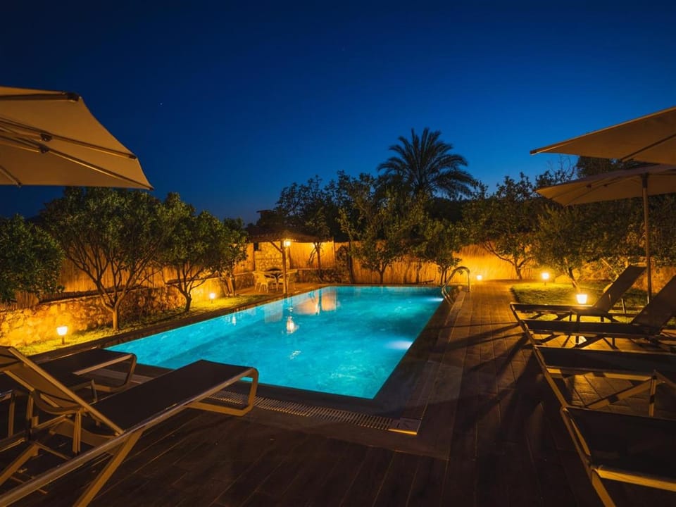 Night, Pool view, Swimming pool, sunbed