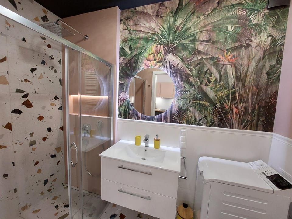 Shower, Toilet, Bathroom, heating, internet, towels, washing machine