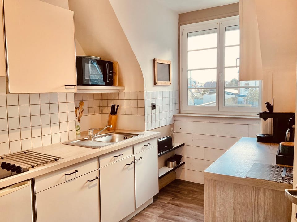 Kitchen or kitchenette, dishwasher, microwave, stove, toaster, kitchen