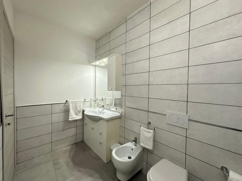 Shower, Toilet, Bathroom, bidet, hair dryier, towels, washing machine