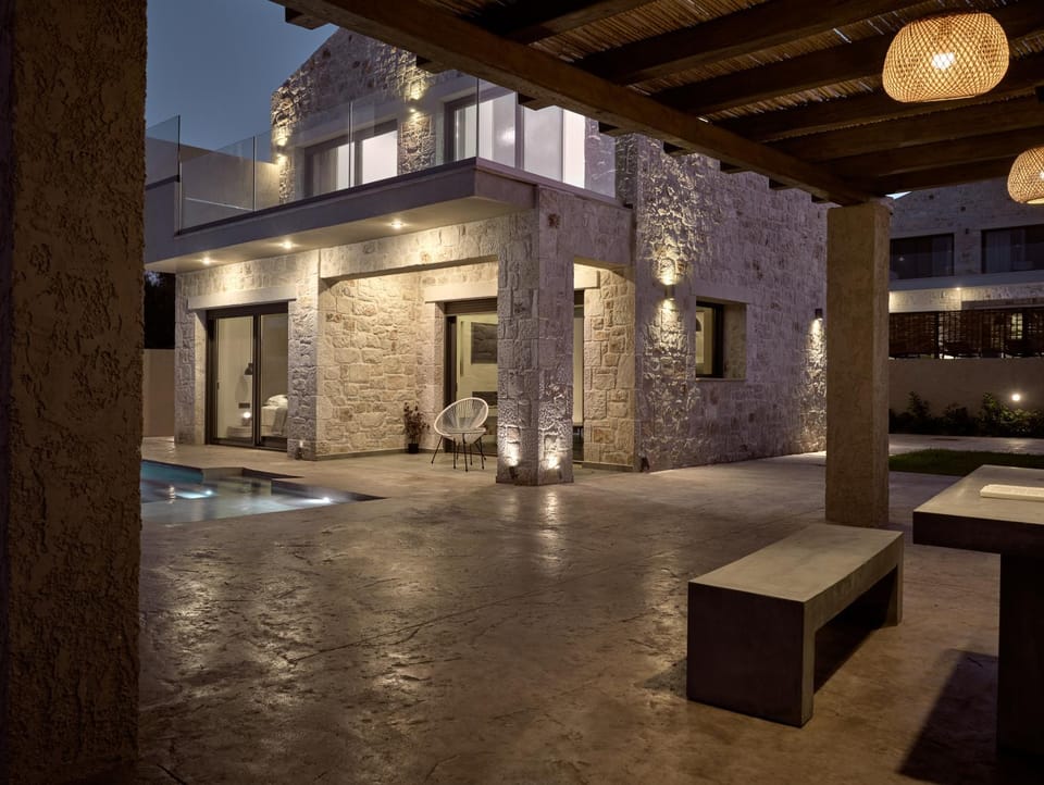 Property building, Patio, Night, Swimming pool