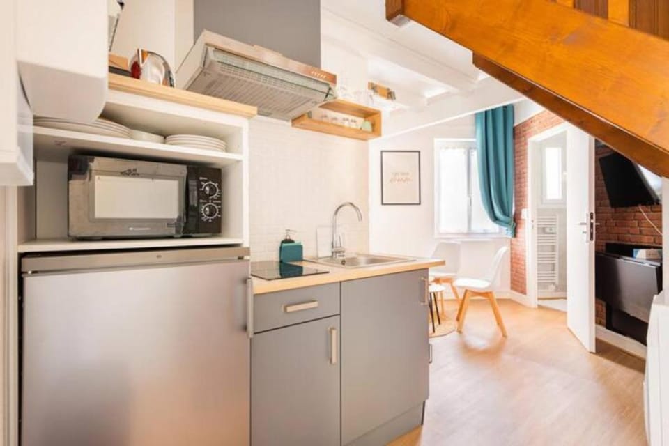 Kitchen or kitchenette, minibar, oven, stove, toaster