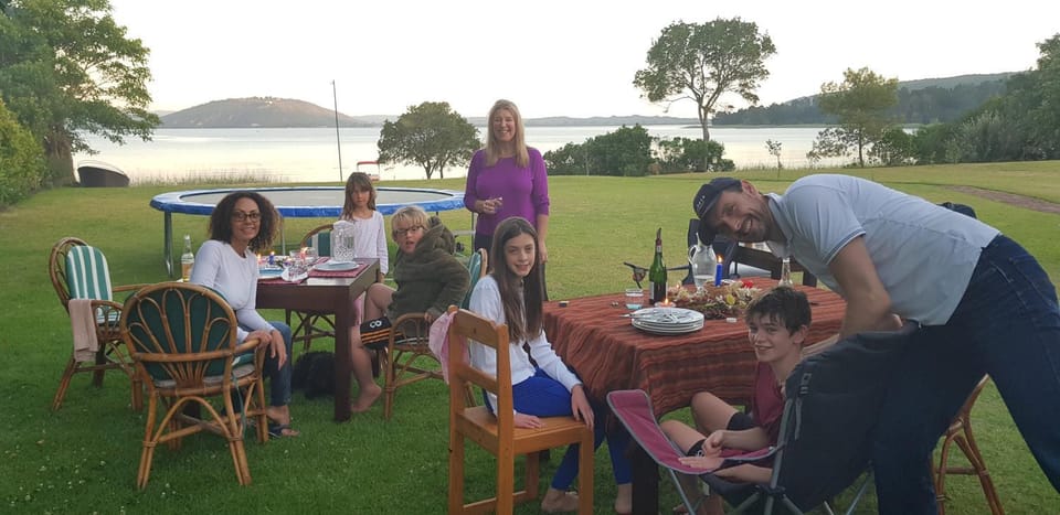 Lake view, children, group of guests