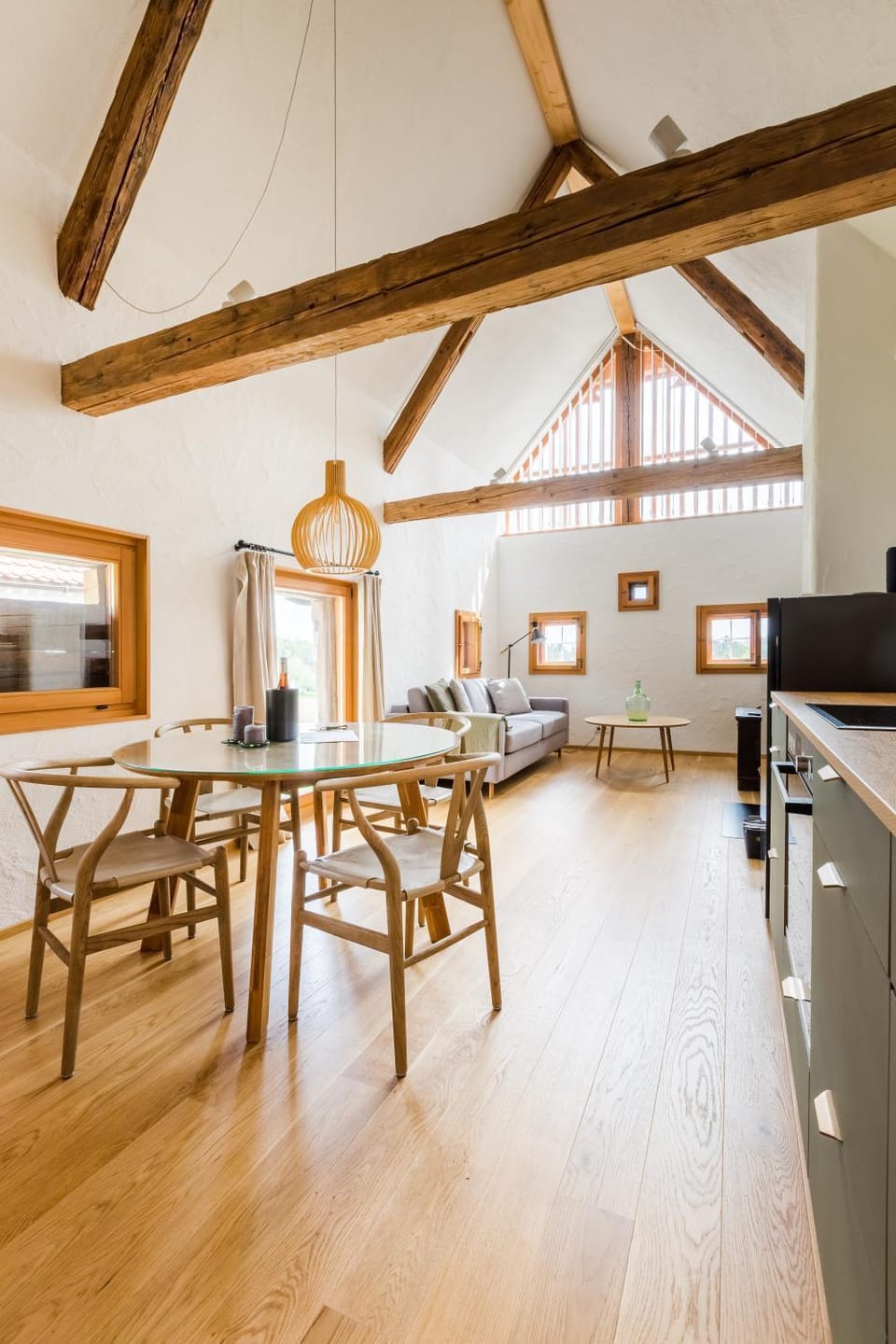 Kitchen or kitchenette, Living room, Seating area, Dining area