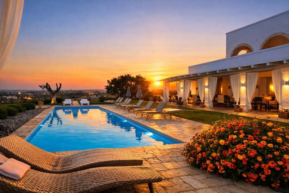 Property building, Pool view, Sunset