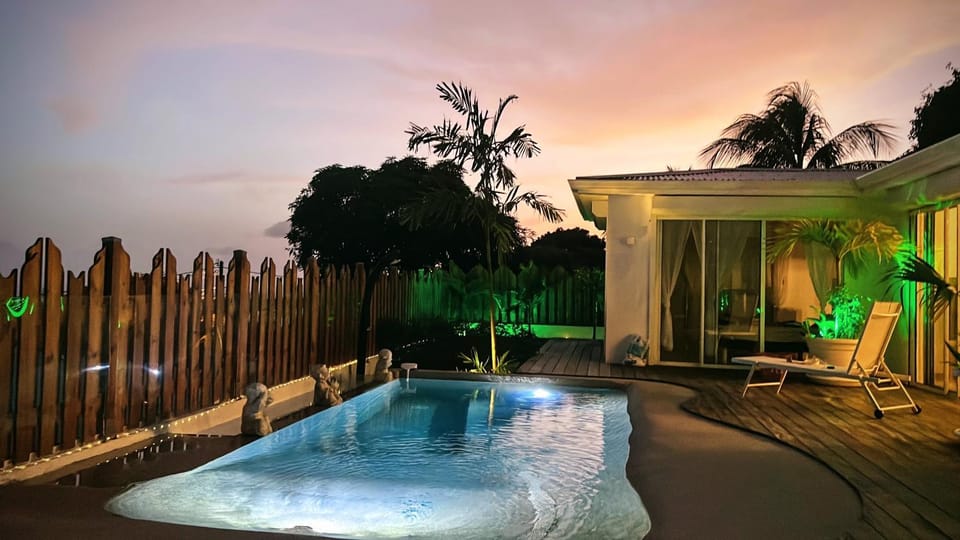 Property building, Patio, Night, Natural landscape, Garden, Garden view, Pool view, Swimming pool, Sunset, sunbed