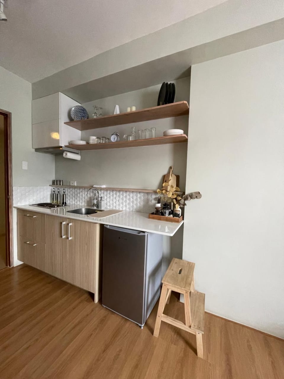 Kitchen or kitchenette, stove