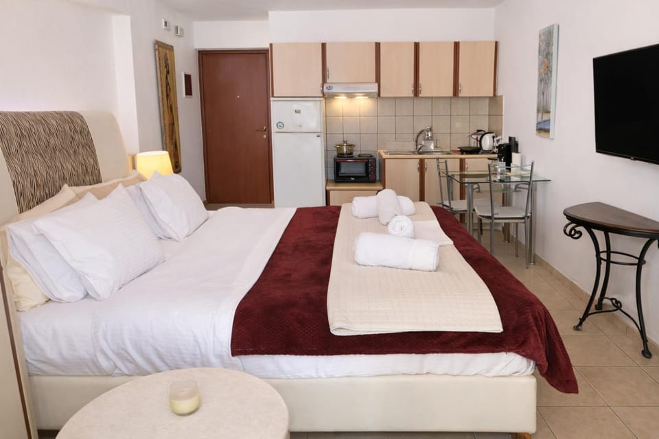 Bed, TV and multimedia, Kitchen or kitchenette, Photo of the whole room, Dining area, Bedroom, oven, stove, towels, air conditioner