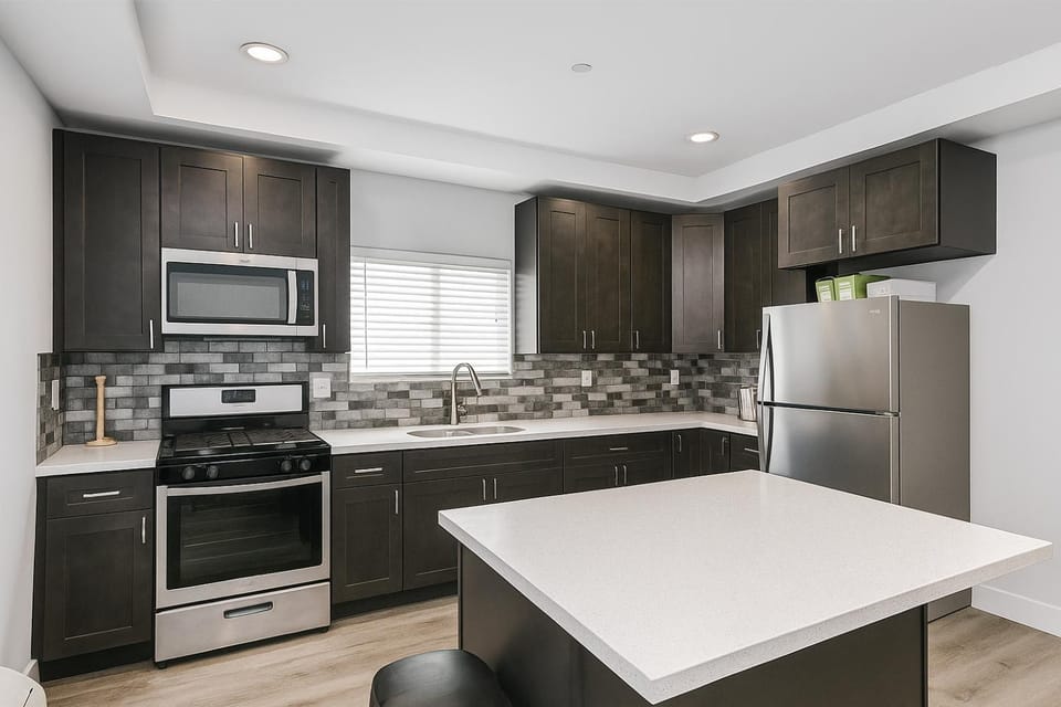 Kitchen or kitchenette, microwave, stove, toaster, kitchen