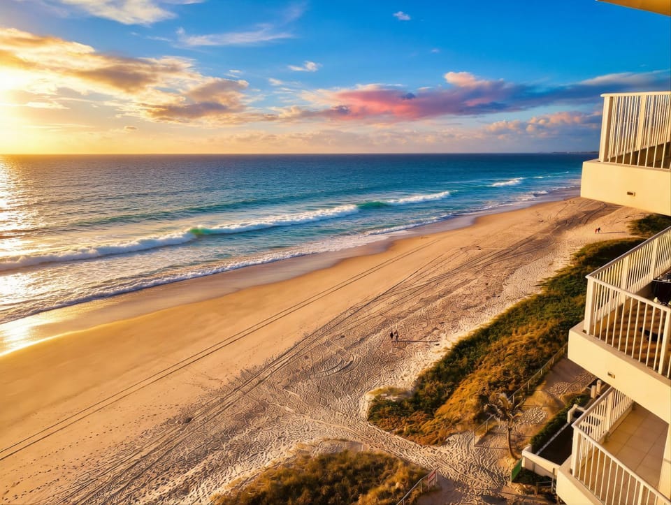 Property building, Nearby landmark, Day, Natural landscape, View (from property/room), Balcony/Terrace, Beach, Evening entertainment, Sea view, Sunrise, Sunset