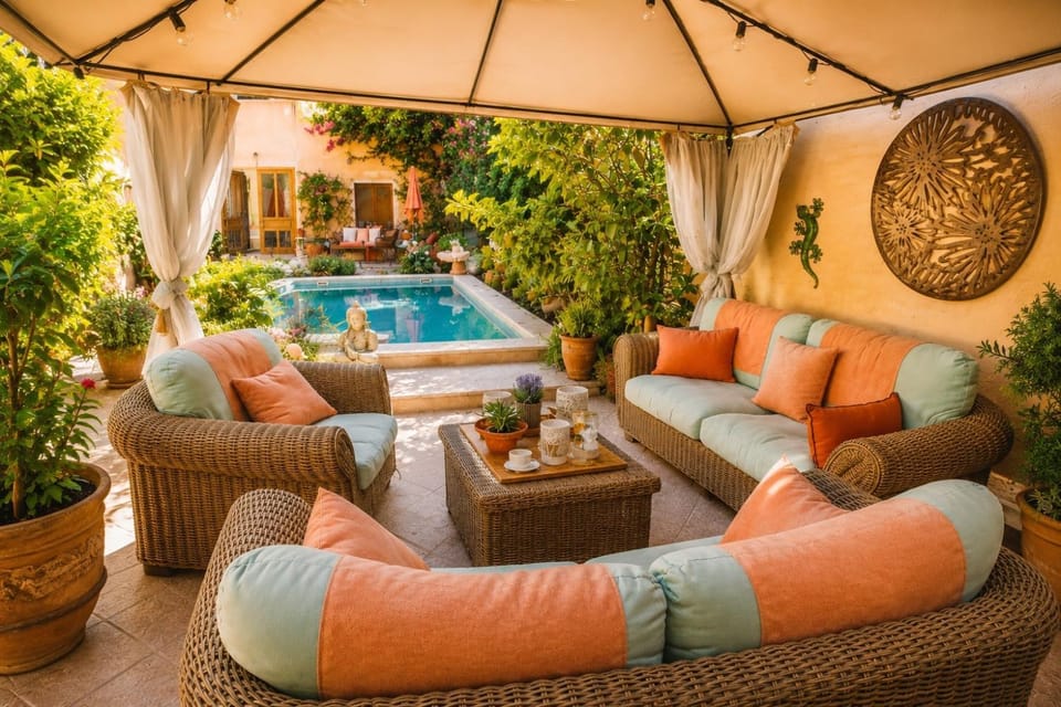 Patio, Natural landscape, Seating area, Pool view, Swimming pool