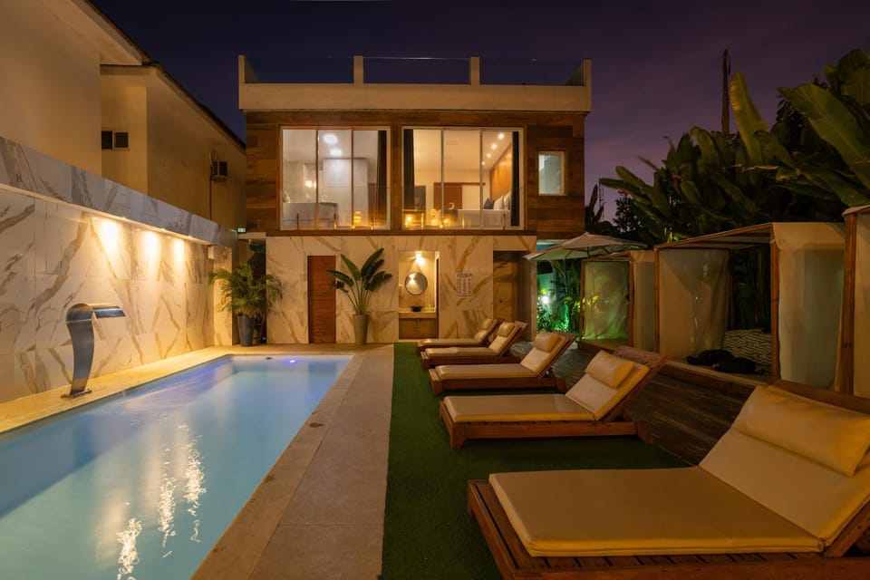 Night, Seating area, Pool view