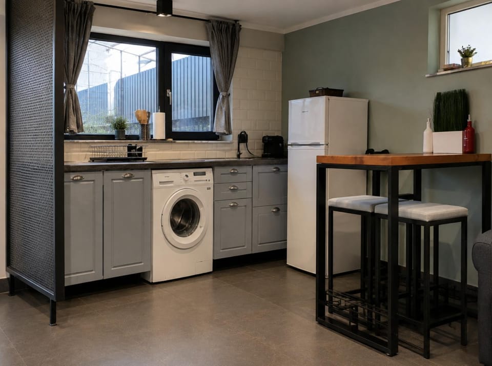Kitchen or kitchenette, Dining area, stove, washing machine