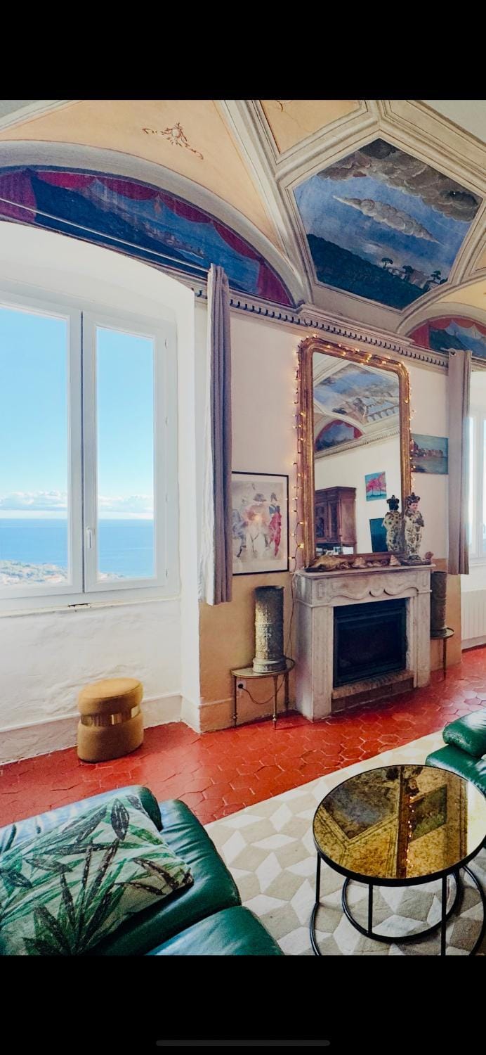 Natural landscape, Living room, Sea view, fireplace