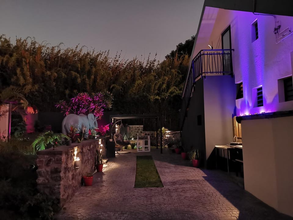 Property building, Patio, Night, Garden, Garden view